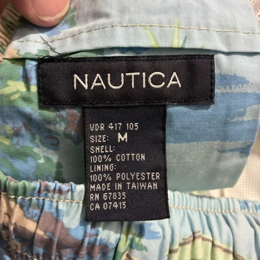 Nautica‎ Mens Swim Shorts Size M Blue Scenic Boat Harbor Print Mesh Lined